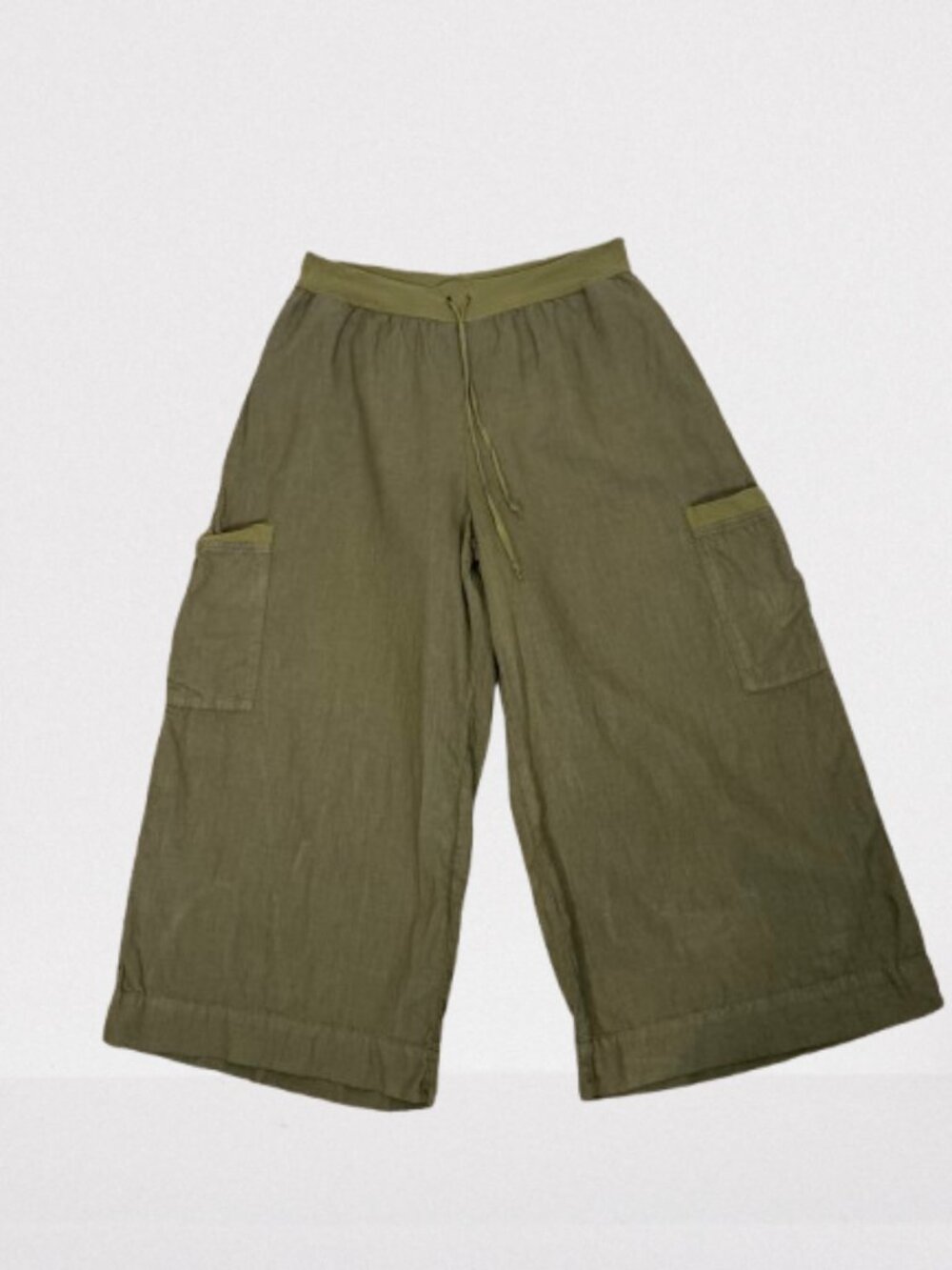 FLAX Women's Linen Cropped Wide Leg Drawstring Pants Size M Olive Green - Picture 2 of 8